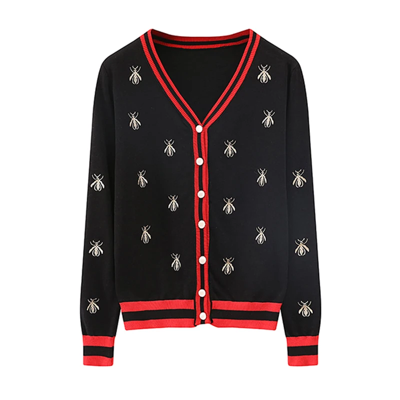 Женский трикотажный кардиган с вышивкой пчелы длинный рукав v-образный вырез