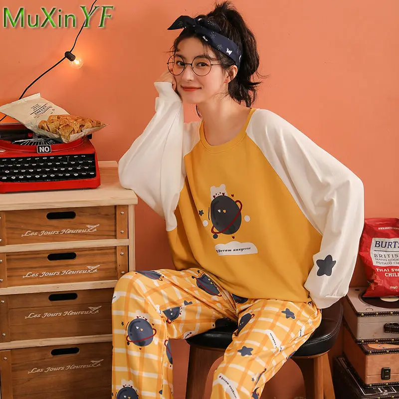 2022 New O-Neck Cotton Long-sleeved Trousers Pajamas Two-piece Spring Autumn Cute Cartoon Pijamas Sleepwear Home Clothes