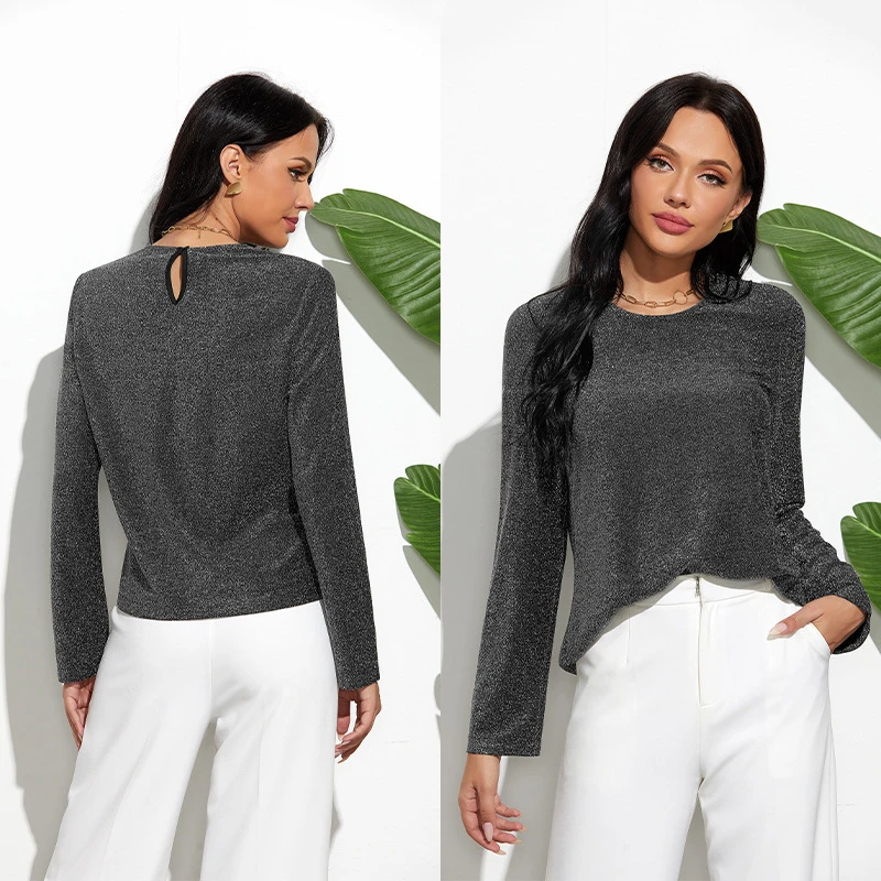

Fall Winter 2020 Women Solid Silver Grey Long Sleeve Glitter T Shirt Elegant Ladies Casual Loose O Neck Sparkly Tops for Women