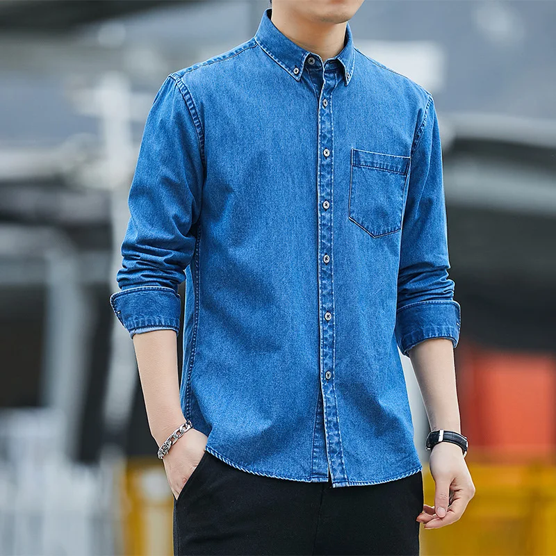 

LUCLESAM Men Blue Heritage Western Denim Shirt Japanese Fashion Long Sleeve Jean Blouse chemise homme harajuku shirt