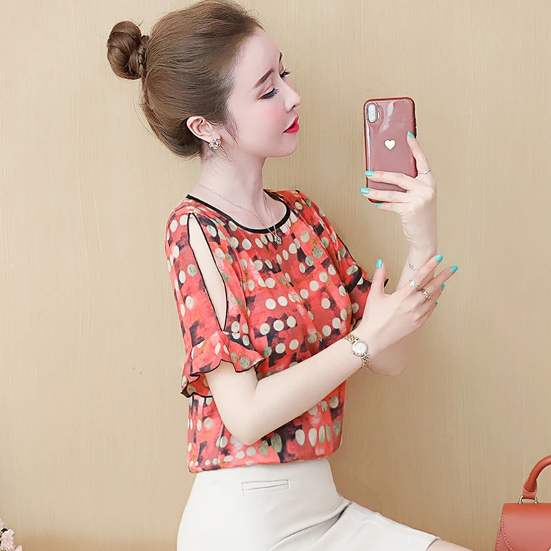 

2021 Summer New Style Korean Casual All-match Strapless Floral Wave Dot Trumpet Sleeve Chiffon Shirt Slim Blouse Women