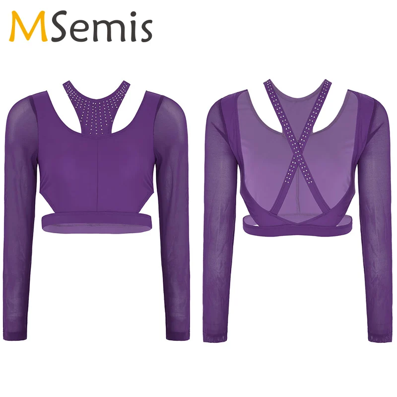 

Gymnastics leotard For Women Ballet Shiny Rhinestones Cutout Neckline Long Sleeves Back Crossed Crop Tops Ballet Dance costume