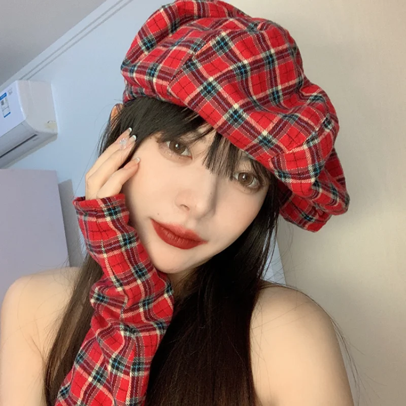 

Кепка-берет в ретро стиле, Модный берет красного цвета в Корейском стиле, с рукавами в клетку, дизайнерская шляпа художника