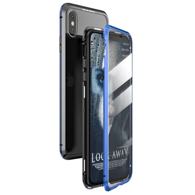 Black and Blue 360 магнитный металлический чехол для телефона iphone 7, 8, 6, 6S Plus, двусторонний чехол для iphone X, XR, XS, 11 Pro MAX, чехол-книжка из закаленного стекла - Цвет: Black and Blue