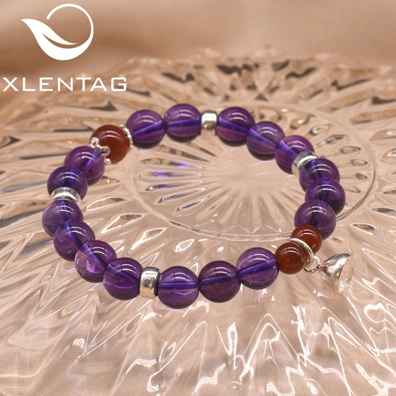 XlentAg, 925 пробы, Серебряный женский браслет, натуральный камень, аметист, агат, подарок, регулируемые браслеты, роскошные ювелирные изделия GB0070