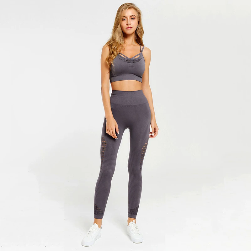 

Seamless yoga set women's workout clothes padded sports bra + high waist gym shorts 2 piece set sportwear fitness clothing