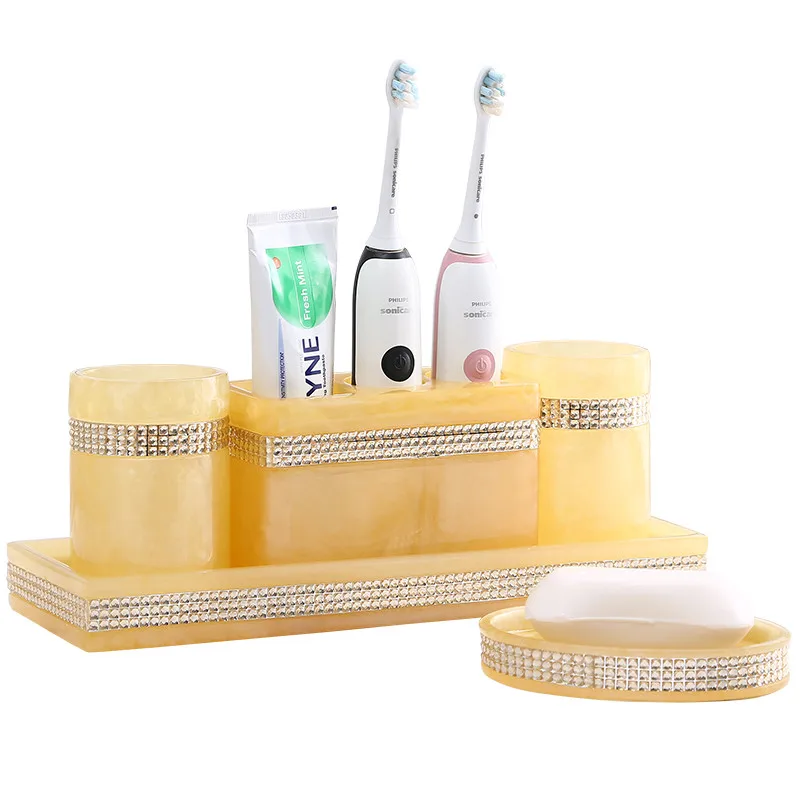 

Resin Material Toothbrush Holders Gargle Cups Soap Dishes Bathroom 5 Pieces Set With Tray For Home Hotel Use Wedding Gifts