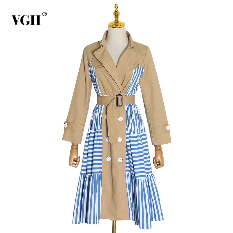 Женская Повседневная ветровка VGH хаки в полоску с отворотом длинным рукавом