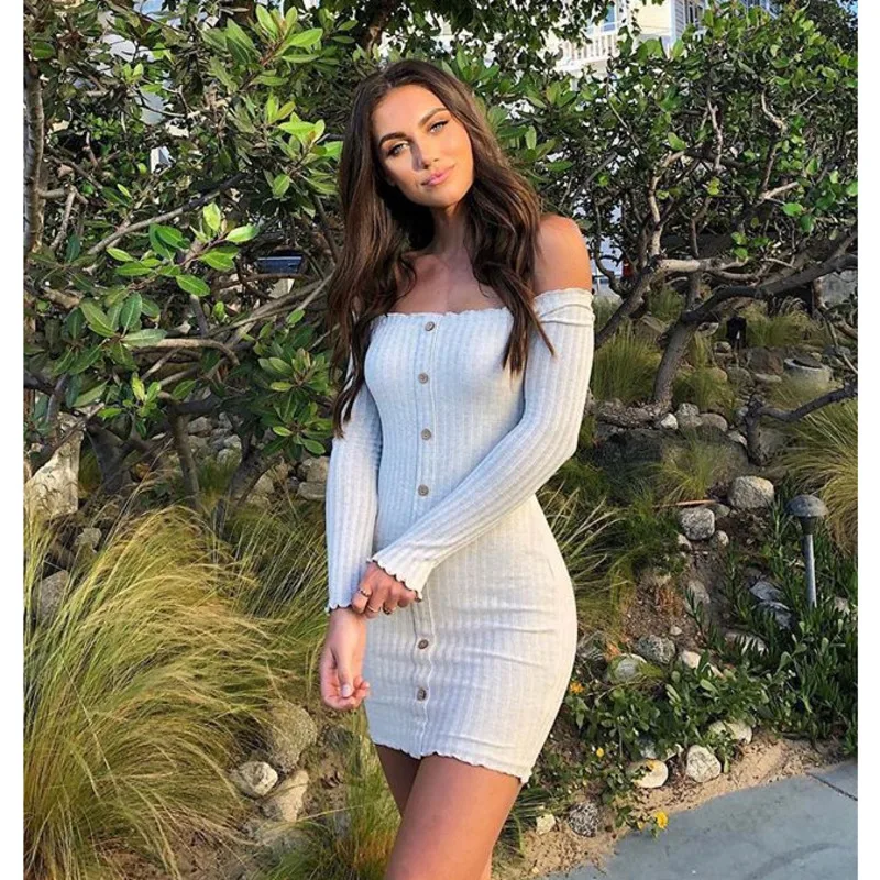 

Cotton sexy one-line collar dress 2020 Autumn women's Off Shoulder Backless temperament dresses ropa mujer wn*