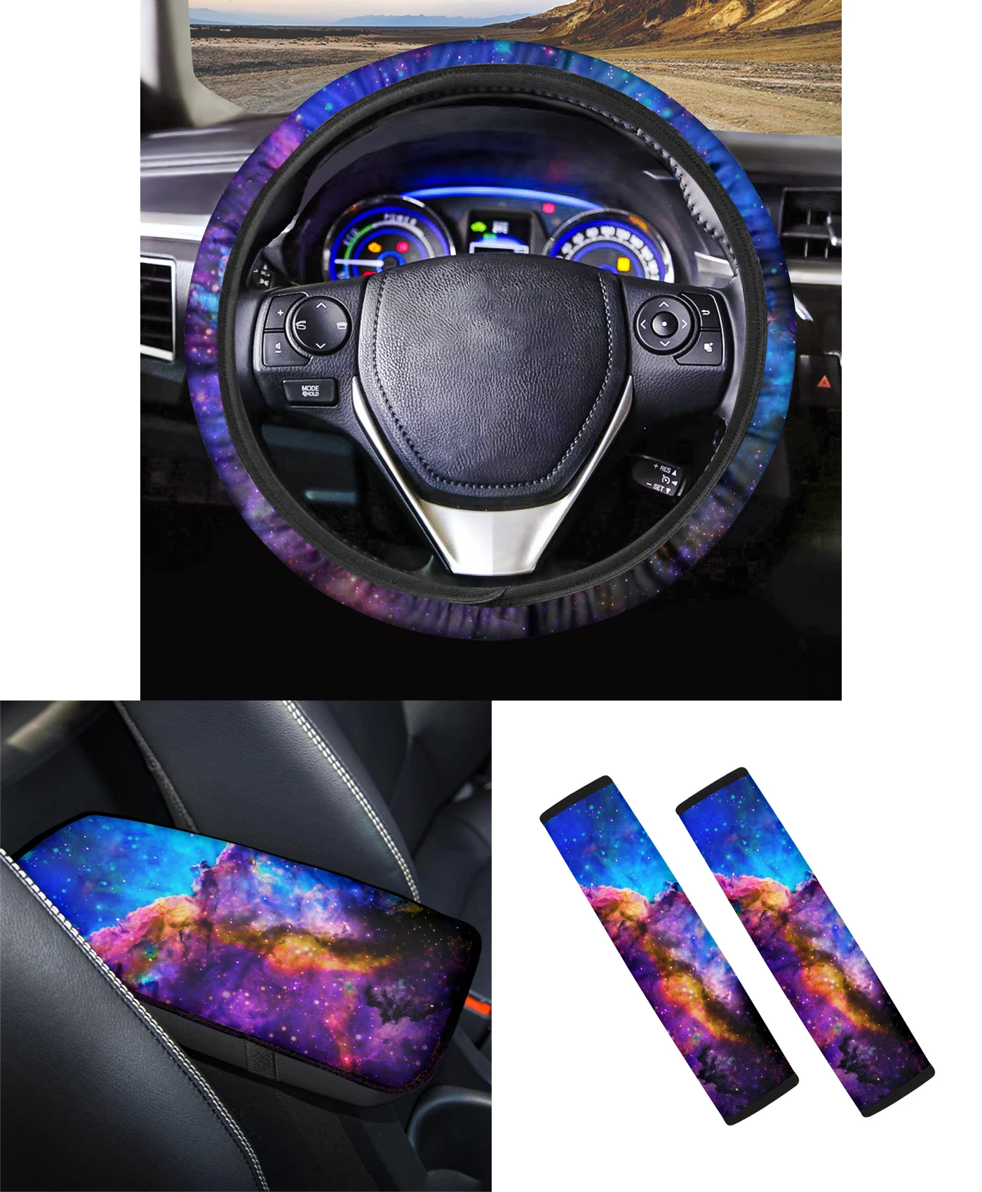 

Pinup Angel Starry Sky Design Center Console Seat Box Cover for Cars Car Steering Wheel Car Safety Belt Pad for Women Men