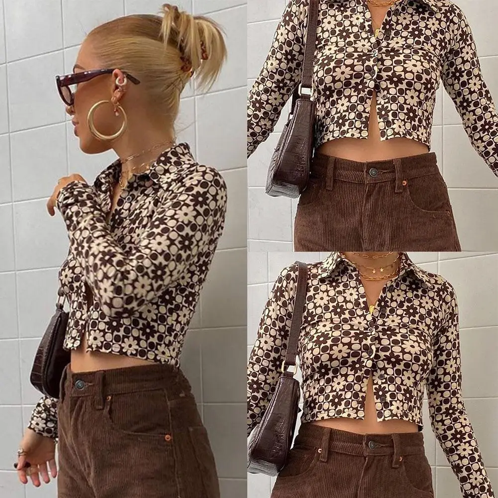 

Женская рубашка с цветочным принтом, облегающая, с длинным рукавом, укороченная, для отдыха и путешествий, G5W2, 2021