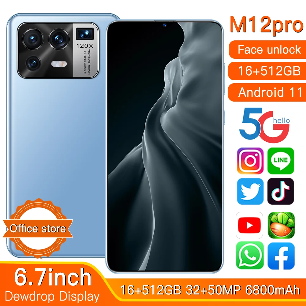 

Global Version M12 Pro 6.7Inch Smartphones MTK6889 Android11 12+512B Deca Core 50MP 6800mah 5G Face Unlock Mobile Phone