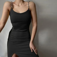 2021 womens dress summer sexy young style elegant chain strapless sleeveless slim u neck chain split buttocks dresses