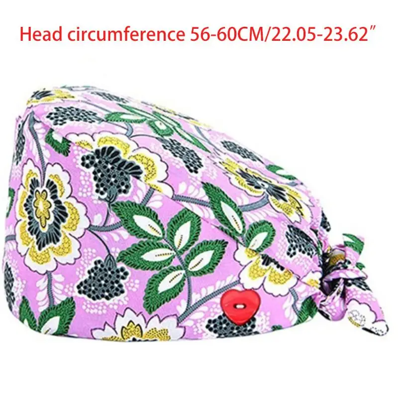 

Women Doctor Nurse Ethnic Paisley Buttons Scrub Cap wtih Ponytail Holder Ties Protect Ears Work Bouffant Hat