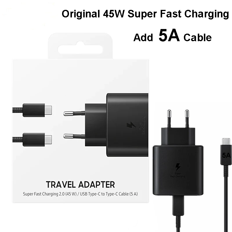 

10Pcs/Original 45W Super Adaptive Fast Charger EP-TA845 For Note 10 Plus 5G S20+ S20Ultra 5A Dual Type C USB Data Cable With Box