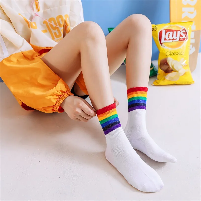 Зимние женские носки хлопковые в радужную полоску рождественские Модные теплые