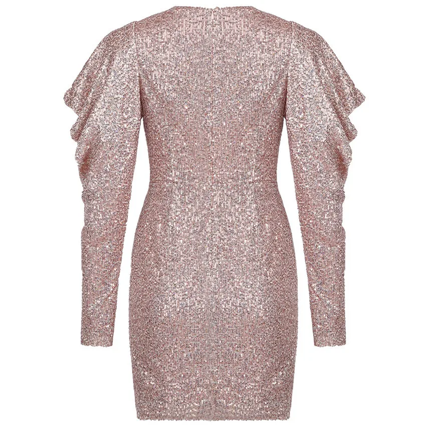 

Bevenccel 2020 New Winter Lantern Long Sleeve Celebrity Evening Party Dress Women V Neck Mini Sexy Dress Vestidos Sequins Dress