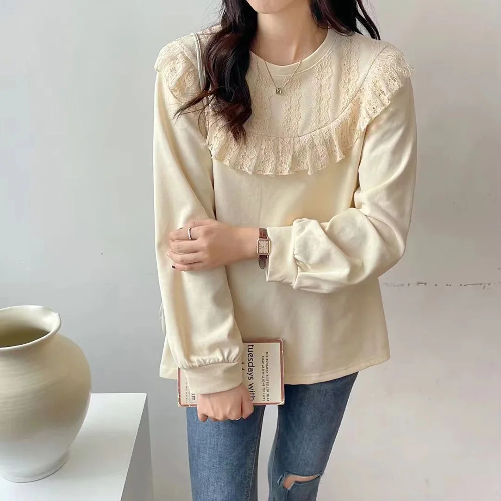 

2021 Korean Fashion Casual Hoodie Solid Color Lace Splicing Round Neck Ruffle Long Sleeve Women Pullover Loose Tops Autumn New