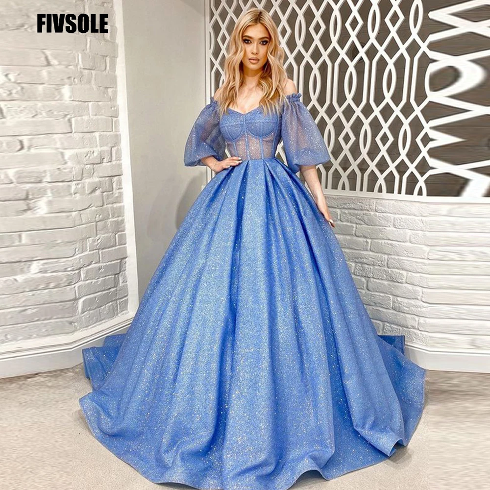 

Fivsole Bridal Glitter Long Prom Dresses Evening Dress V Neck Short Sleeves Sparkly Ball Gown Party Prom Gowns Robe De Mariee