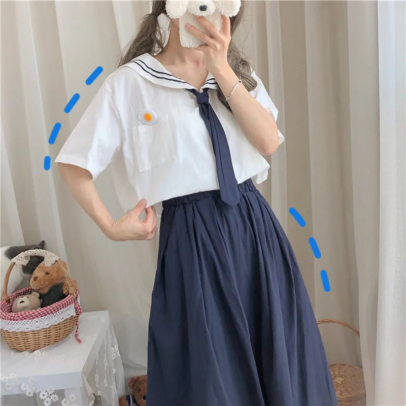 

Women Summer Kawaii 2 Piece Suit Sailor Collar Short Sleeve White Shirt & High Waist Elastic A-line Skirt Japan Style Sweet Sets