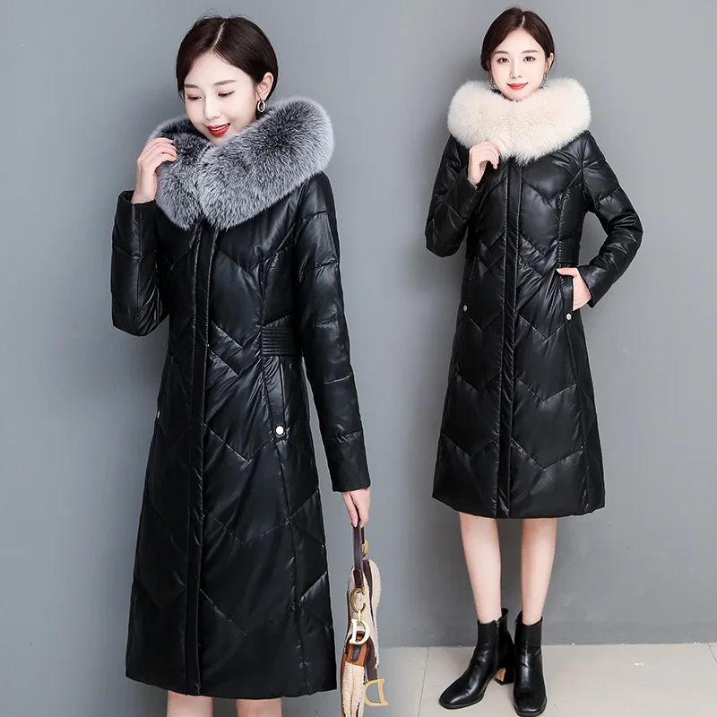 New Women Sheep Leather Down Jacket Autumn Winter 2022 Real Fox Fur Collar Hooded Thick Warm Sheepskin White Duck Down Coat