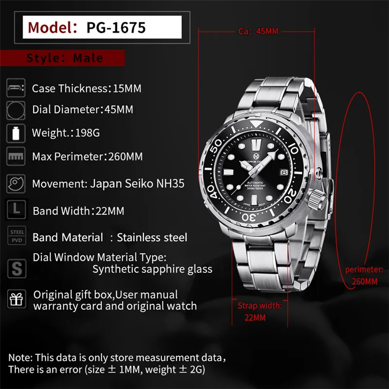 

45MM Men Mechanical Watch PAGRNE DESIGN Diver 300M Waterproof Sports Stainless Steel Automatic Business Wristwatch reloj hombre
