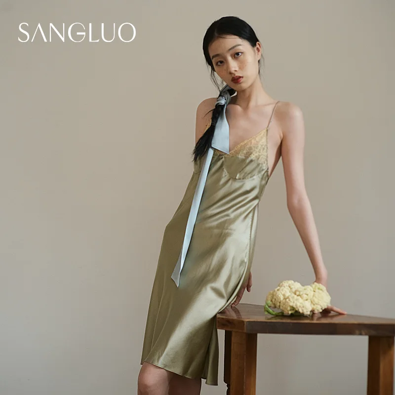 

★Sangluo mulberry silk lace suspender sexy nightdress pajamas women's stitching slim dress