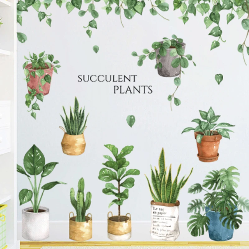 Зеленый лист бонсай в горшке цветок растения Настенная Наклейка s декоративная