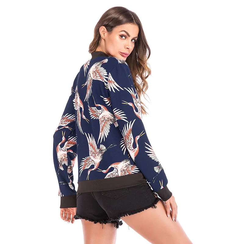 

Flying Crane Print Baseball Uniform Long Sleeve Stand Collar Jacket Campus Women Coat And Outerwear trending products 2018