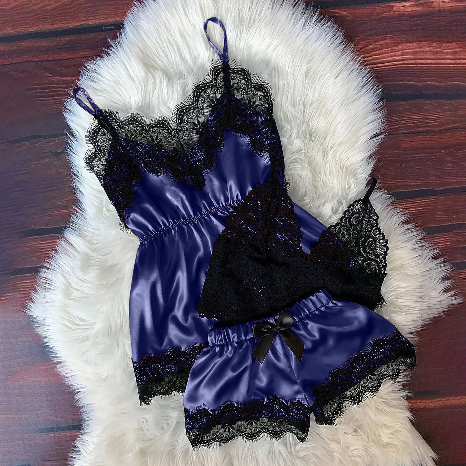 

Sexy Satin Pajamas Set Camisole Crop Top+Lace Bras+Shorts Women Sleepwear Solid Color Nightclothes Nightdress Set