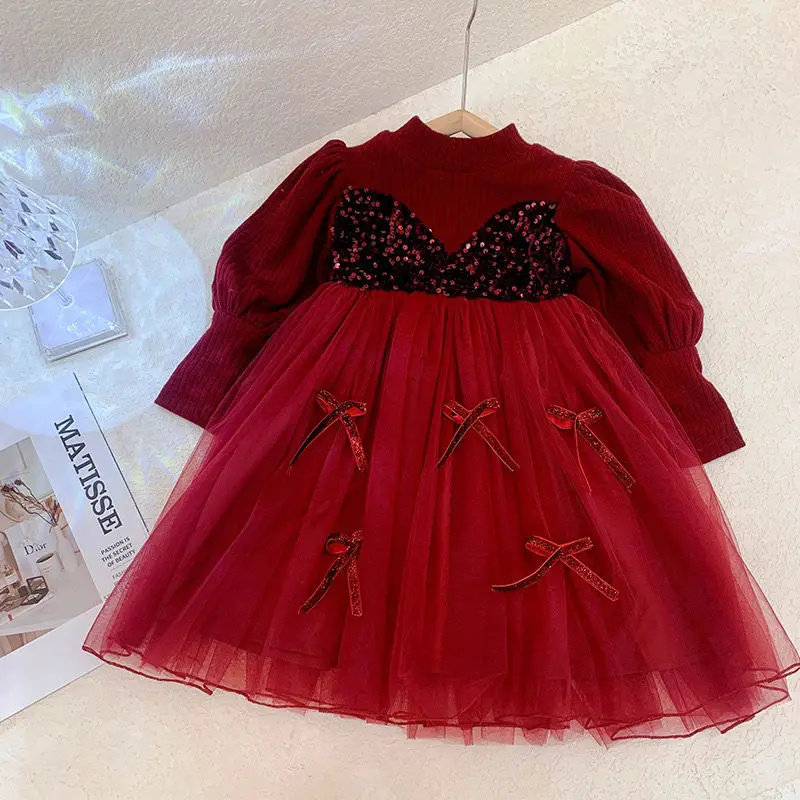 

Autumn Winter Girls Long Sleeve Thicken Plus Velvet Bowknot Princess Dress Warm Mesh Princess Dresses Kids Children Clothes