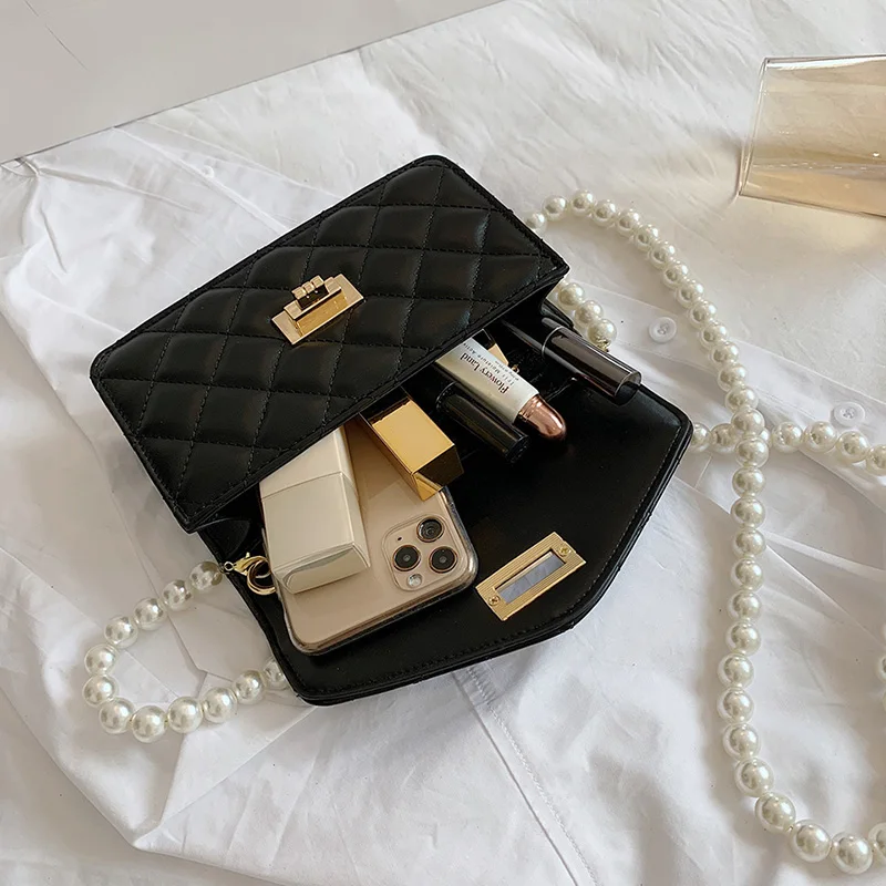 

Pearl Shoulder Bags for Women Rhombus Plaid Messenger Bag Quilted Chain Crossbody Bags Ladies Luxury Pu Leather Handbags 2021