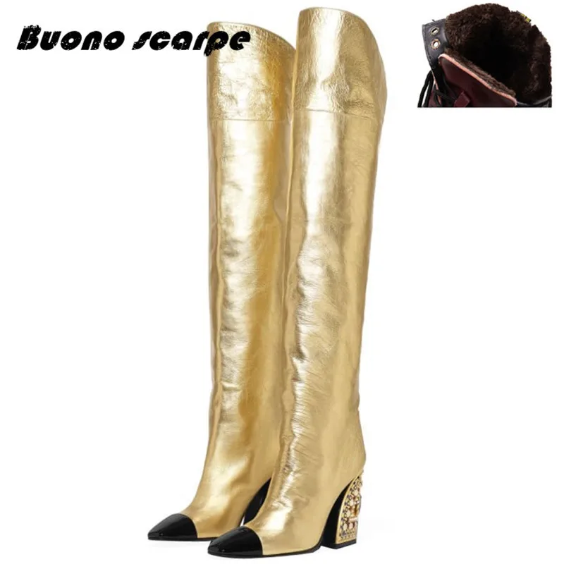 Short plush Buonoscarpe/Новинка; модные кожаные ботинки золотистого цвета; Bota Feminina; Новое поступление; Botas Mujer; туфли на высоком каблуке со специальной формой - Цвет: Short plush