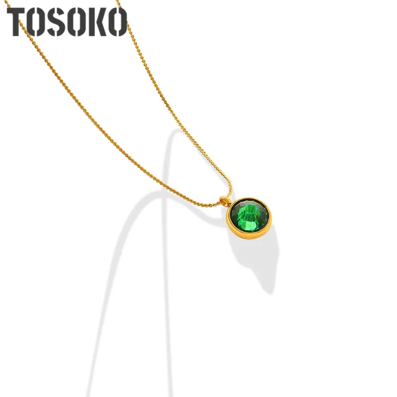 

TOSOKO Stainless Steel Jewelry Zircon Inlaid Smple Round Pendant Necklace Women's Simple Clavicle Chain BSP413