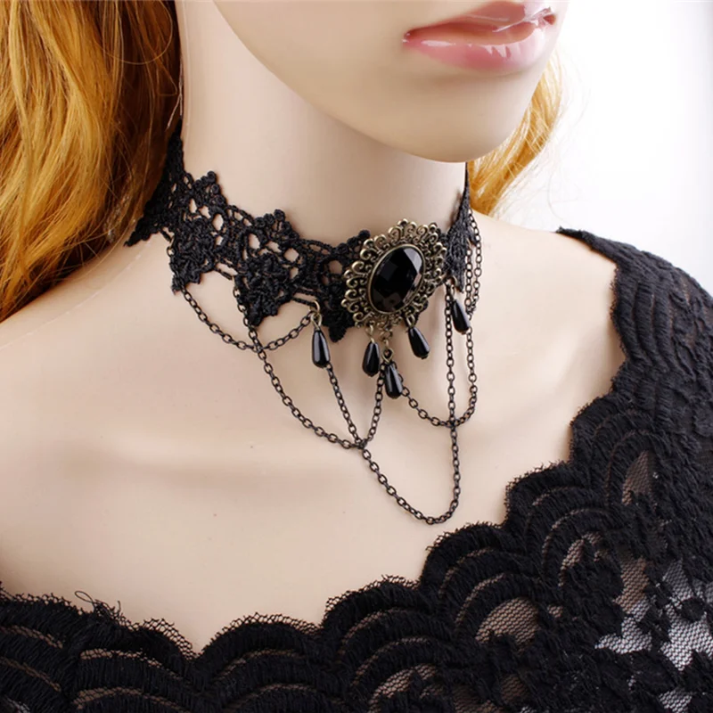 

Fashion Women Black Lace Choker Necklace Vintage Pendant Female Necklaces Party Jewelry Accessories
