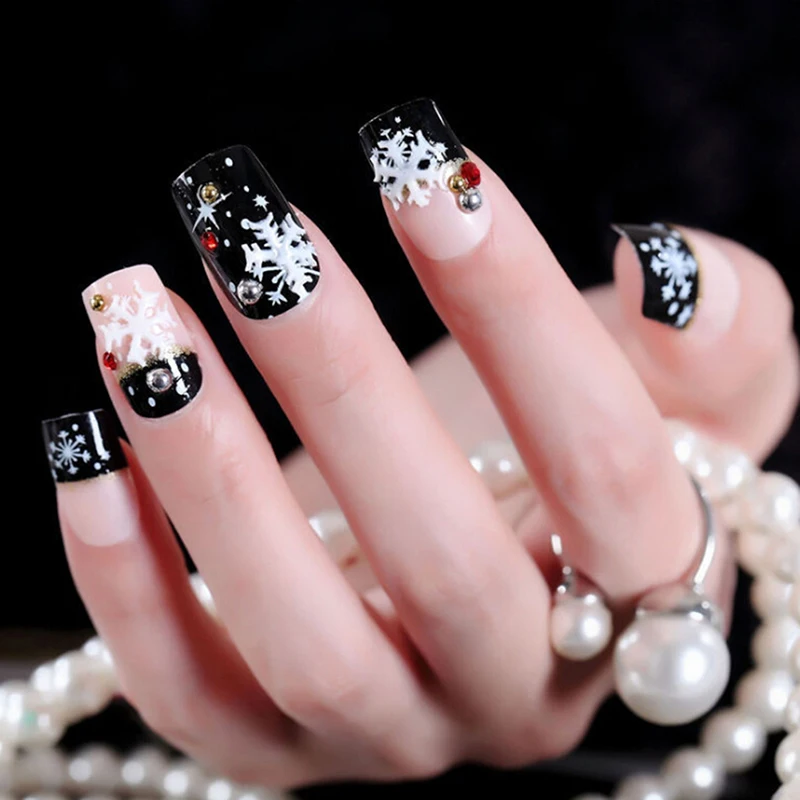 

24pc Black Snowflake Nails Full Frame False Nail Tips Full Cover Fake Nails Glue