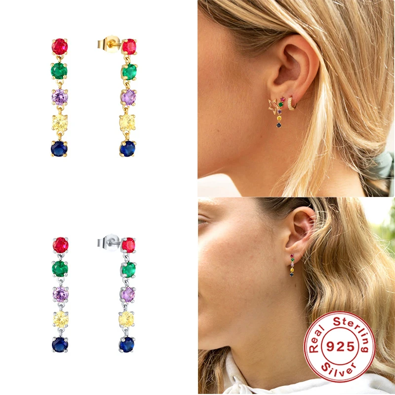 

925 Sterling Silver Jewelry Fine Earrings Sparking Rainbow Crystal Water Drop Hoops Earring For Woman Girl Lovers' Pendientes C8