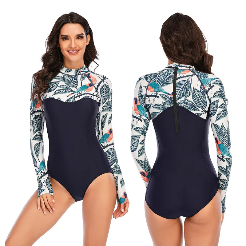 

Women Rash Guard Swimsuit Sport Print One Piece Swimwear Plus Size Diving Suit Long-sleeved Surfing Suit Swim Wear XXL 2021