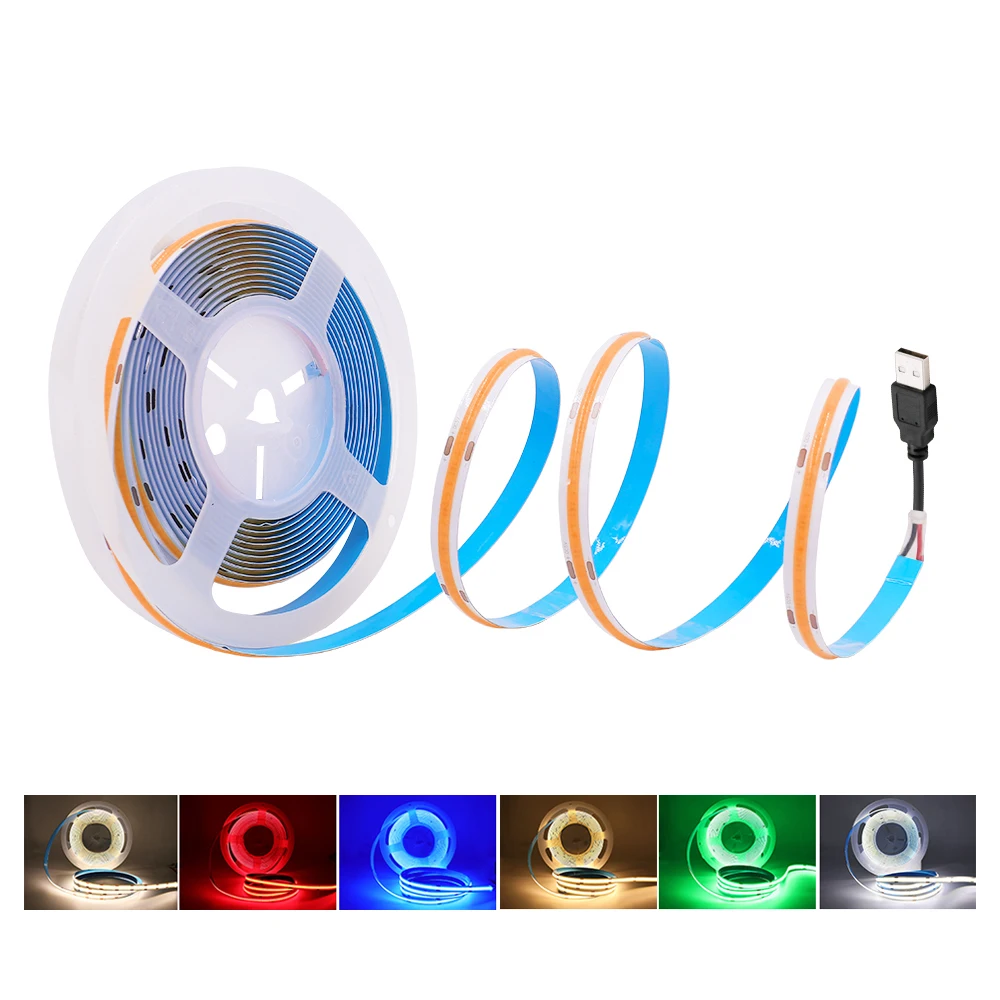 5V LED COB Strip Light USB Battery Powered 320LED/m High Density Linear Linghting Flexible Tape Strips White Blue Green Red DC5V | Лампы и