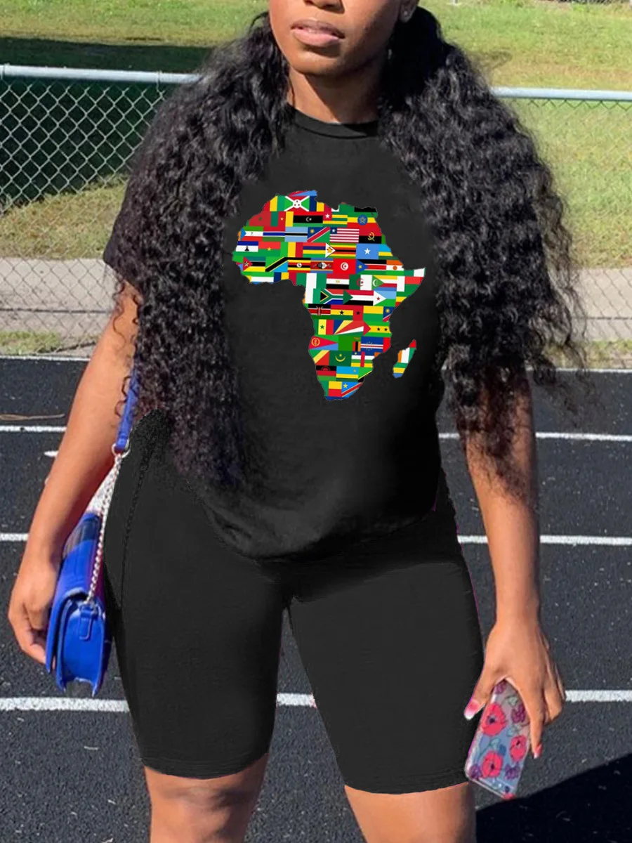 

Women's printed two-piece African map round-neck short-sleeved T-shirt and shorts set -- the new summer fashion tracksuit 2020