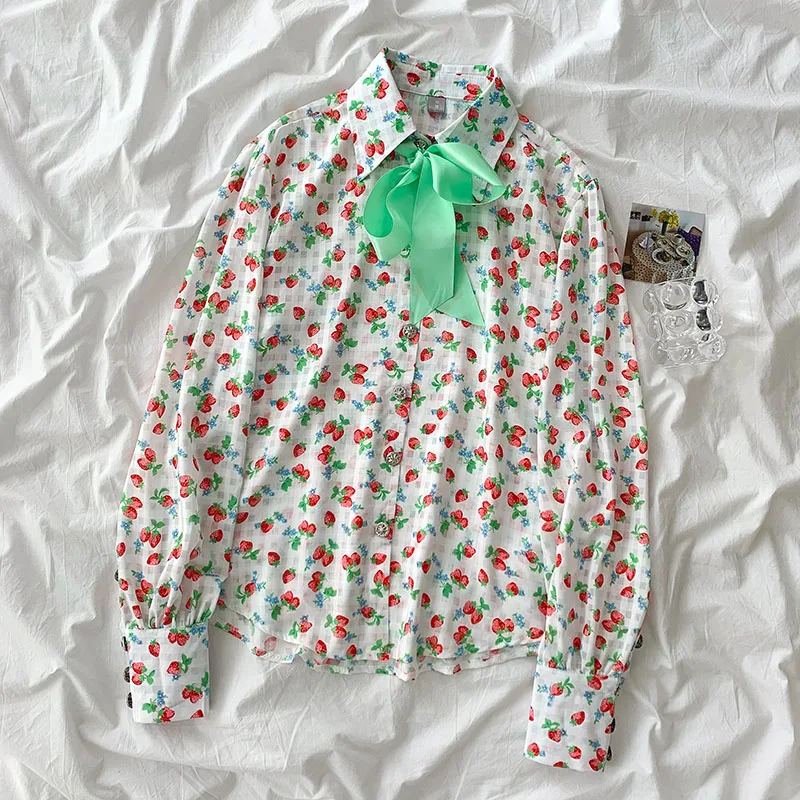 

Kimutomo Floral Print Shirt Spring 2021 New Female Korean Contrast Color Turn-down Collar Bow Lace Up Retro Sweet Top Casual