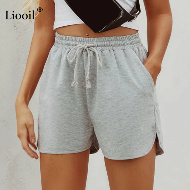 

Liooil Gray Sexy Straight Shorts High Waist Women Rave Clothes 2021 Summer Streetwear Drawstring Casual Short Pants With Pockets