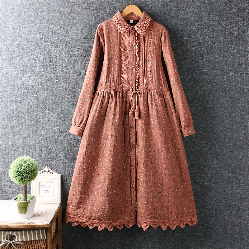 

Autumn Winter Women's Wear Japanese Style Sweet Floral Dress Single Breasted Casual Long Sleeve Dress 79-21270