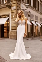 satin wedding dress mermaid v neck lace applique backless elegant bridal gowns boho wedding dress vestidos de novia 2021