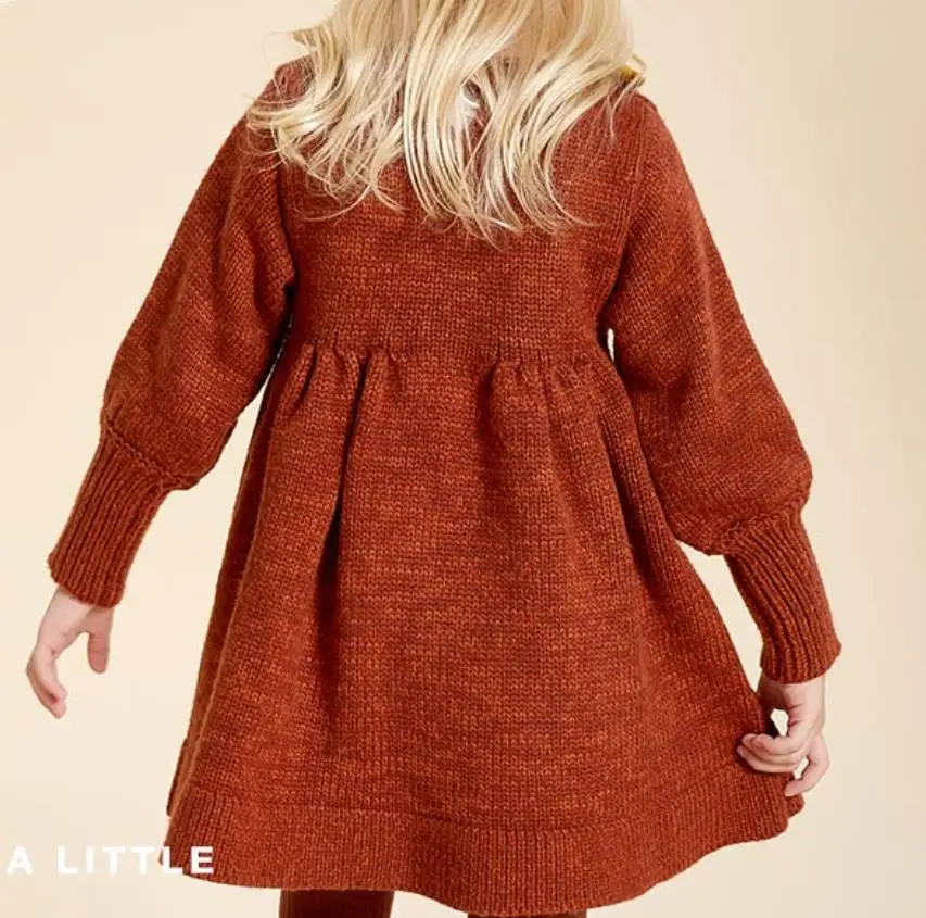 

Autumn Winter New hit Color Retro knitted dress Caramel Color Woolen lantern sleeve Girl Kids Christmas Dress