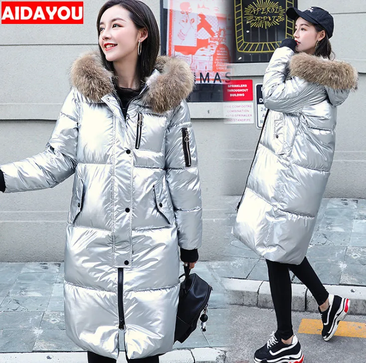 Женское длинное пальто атласная пуховая куртка теплые пуховые парки с мехом
