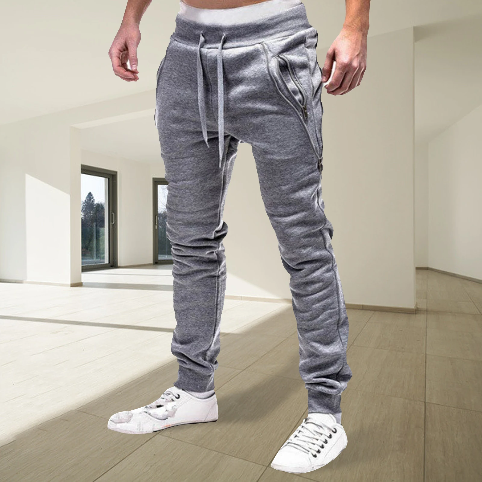

Solid Casual Mens Sweatpants Ankle Tied Zipper Pockets Drawstring Sports Trousers Male Gym Cotton Skinny Joggers Sweat Pants