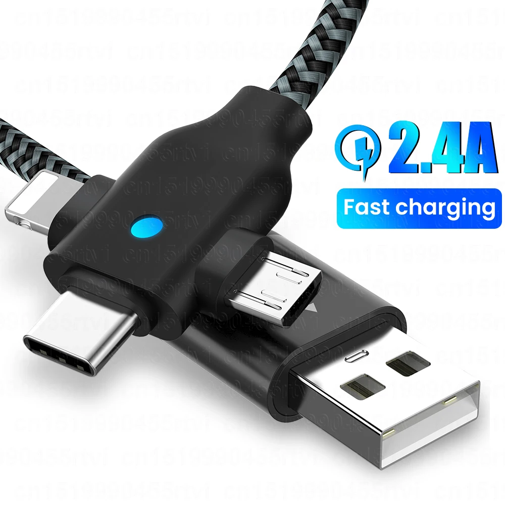3 в 1 USB-кабель для передачи данных iPhone зарядное устройство USB A к Micro USB/Type C/8 Pin 2.4A