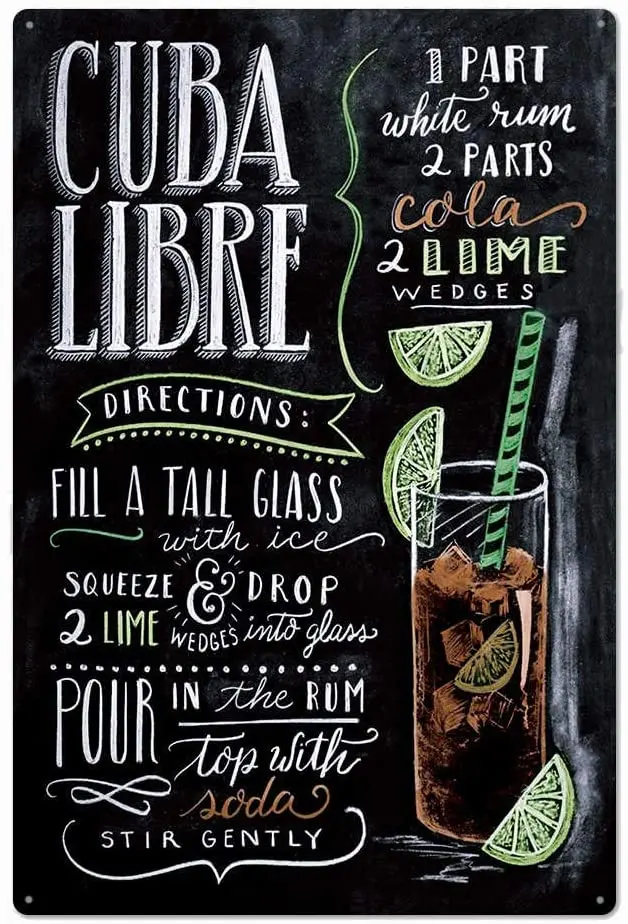 

Original Vintage Design Cuba Libre Cocktail Recipe Tin Metal Signs Wall Art, Thick Tinplate Print Poster Wall Decoration Ba