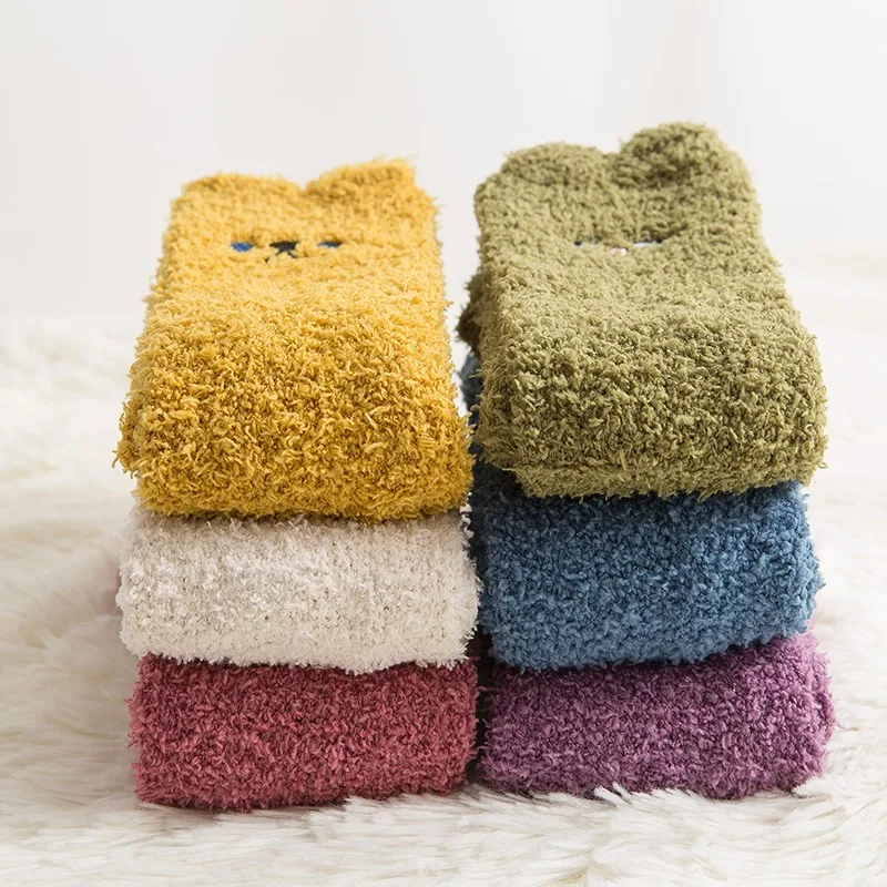 

New Winter Women Warm Sleep Bed Floor Home Fluffy Coral Fleece Thick Cotton Solid Cozy Sock Cute Cartoon Christmas Floor Socks
